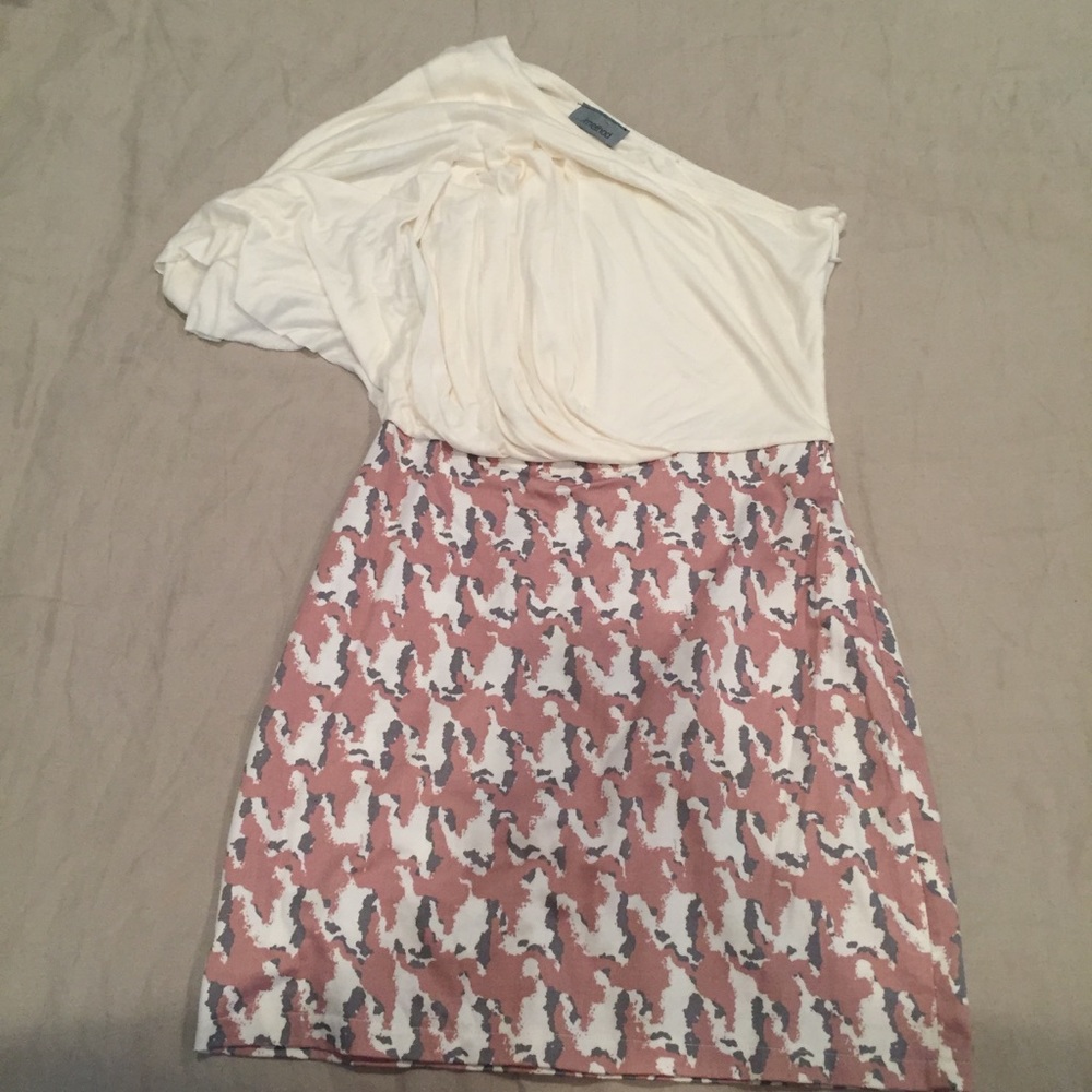 One-shoulder white, pink, and grey dress (small)